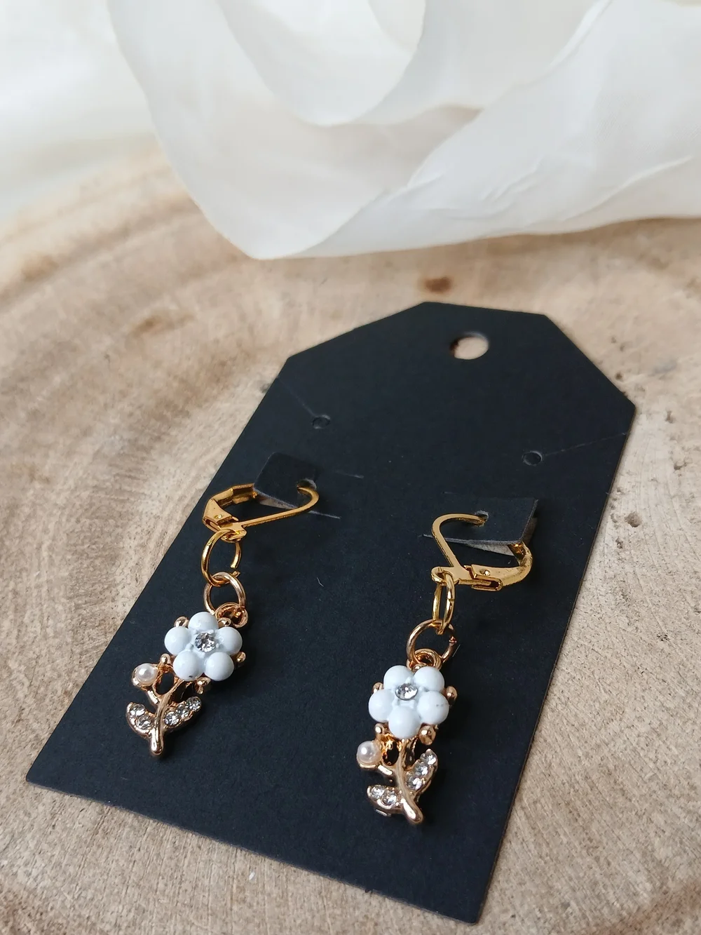 Gold Floral Drop Earrings with White Beads - Women Jewelry